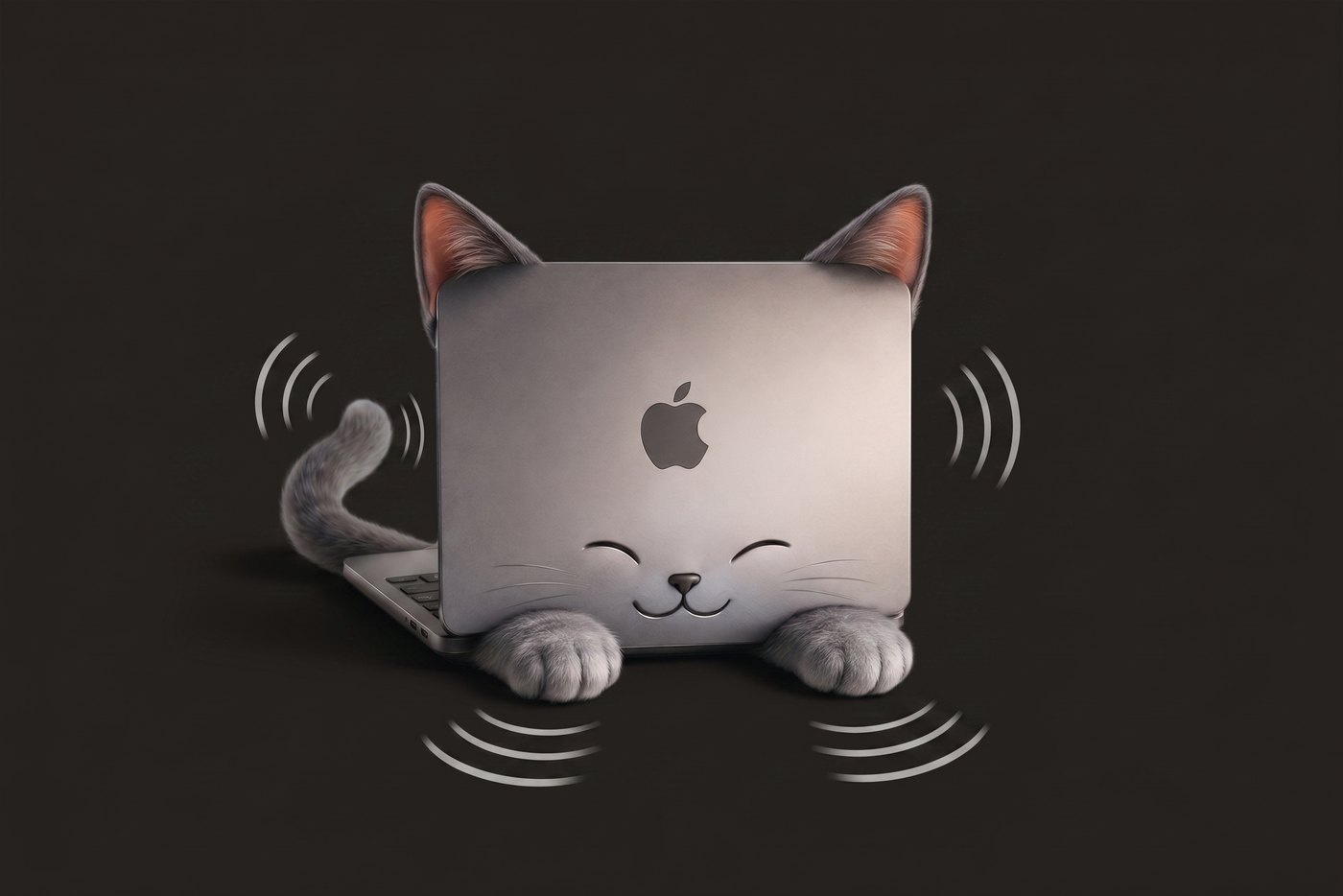 A MacBook seen from behind, its lid shaped into a sleeping cat's face with ears, paws and a curled tail, gentle vibration arcs radiating from it.